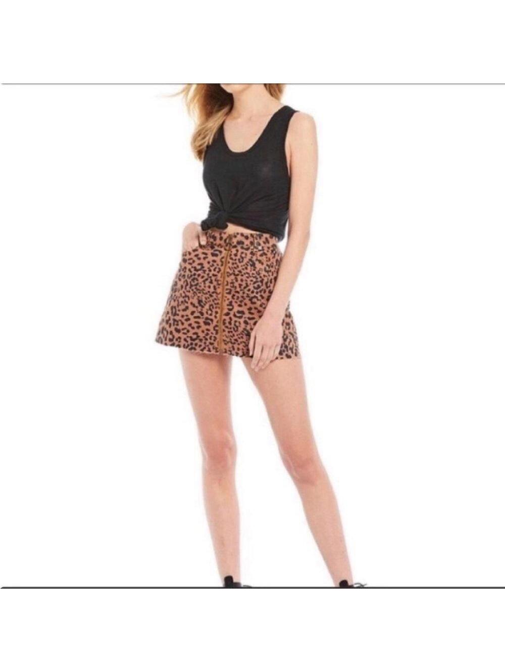 Free People Women's High Rise Zip It Up Leopard Denim Mini Skirt Size 27 New